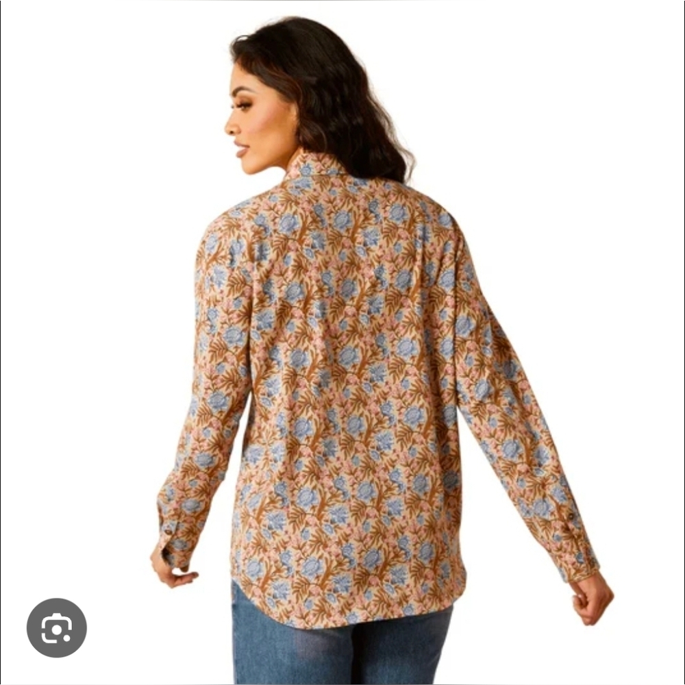 Ariat Women’s XL Beige Floral Western Shirt Blue & Pink Snap Button EUC - Picture 7 of 12